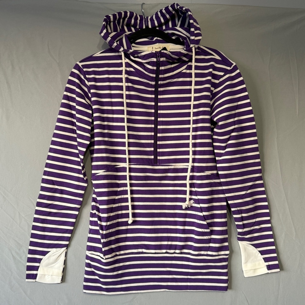 Vanilla Bay Womens Striped Pullover Half Zip Hoodie Size XS Purple Stretchy Gym